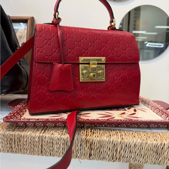 Gucci Ruby Red Embossed Leather Satchel with Gold Hardware - Picture 6 of 9